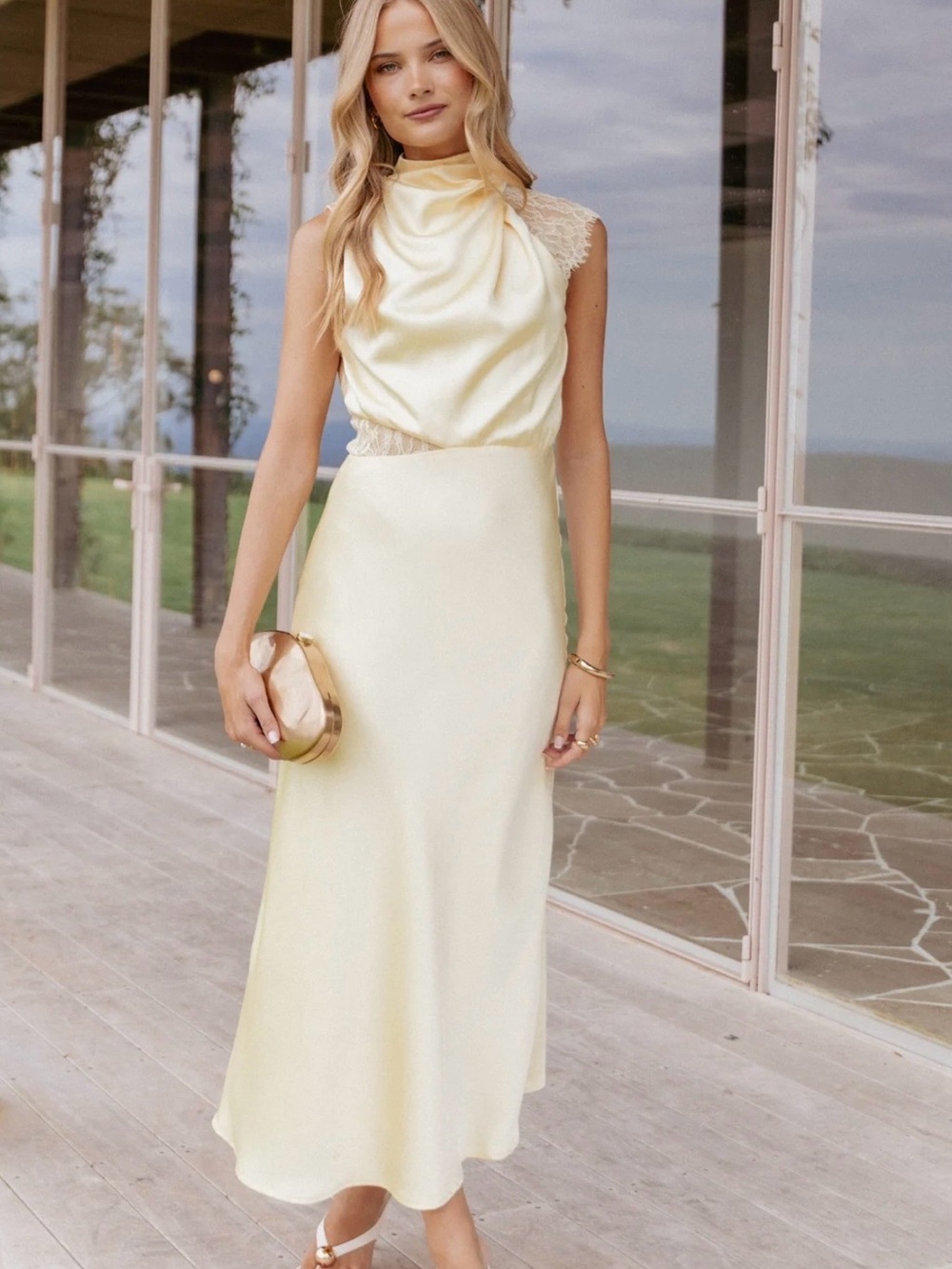 Petal & Pup Pale Yellow Satin Midi Dress